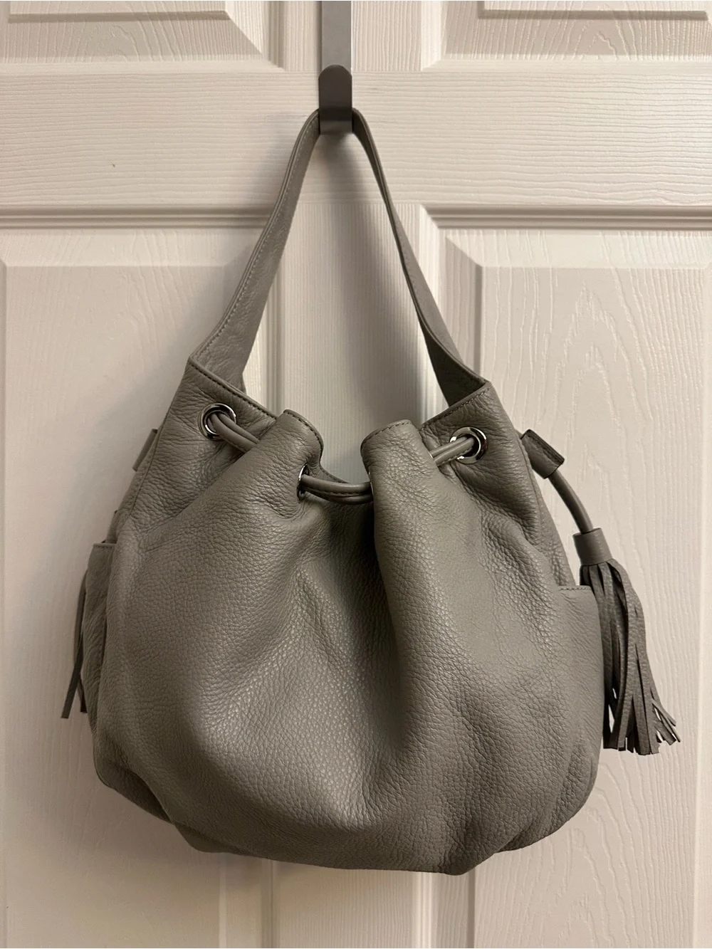 Michael Kors Gray Pebbled Leather Drawstring Hobo with Tassel